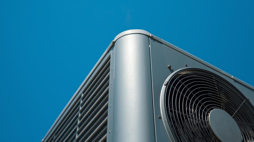 Close-up view of a residential outdoor HVAC condenser unit used for central air conditioning.