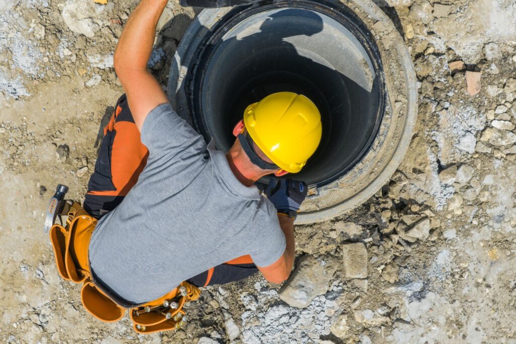 a technician inspecting a sewer line