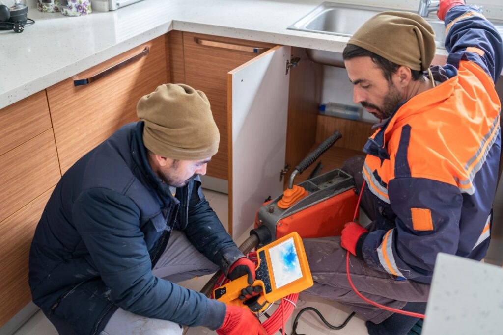 two plumbers use a camera to see a drain blockage