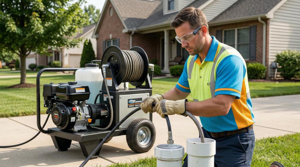 An A-Comfort Service plumber uses high-pressure hydro jetting equipment to clear a blockage from a residential sewer line in the Pittsburgh area.