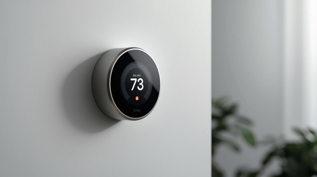 Smart thermostat mounted on an interior wall displaying temperature controls for a home HVAC system.