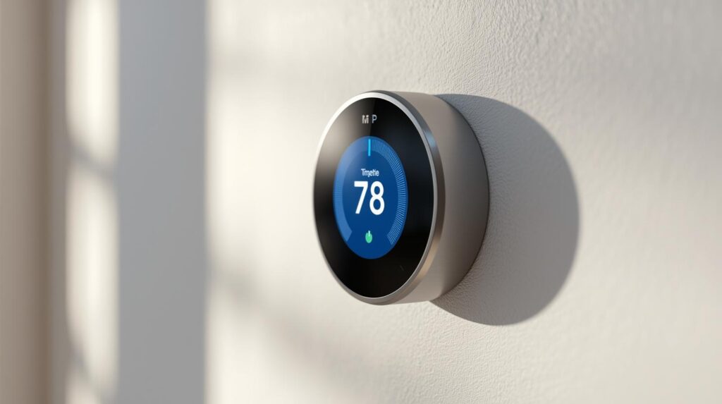 Smart thermostat mounted on an interior wall displaying temperature controls for a home HVAC system.