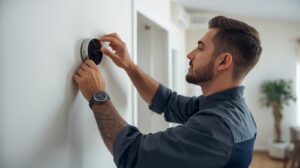 %Imagetitle% | A-Comfort Service A man adjusts a smart thermostat on a white wall in his modern Bethel Park home.