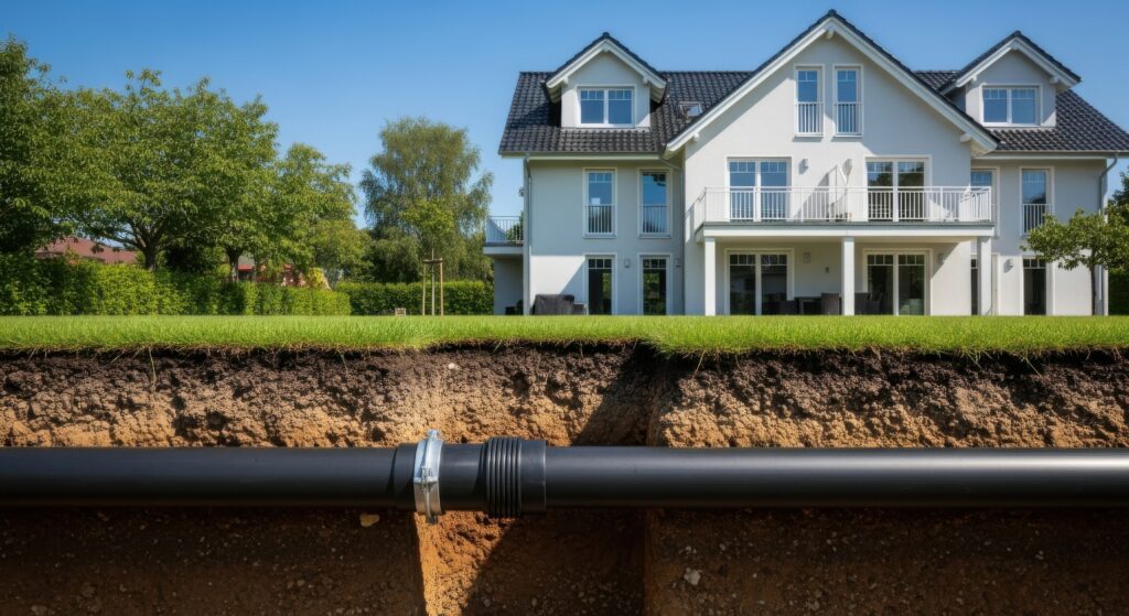 a house with a sewer running below the lawn