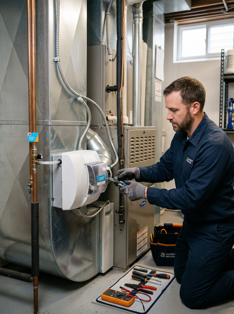 An HVAC technician servicing a residential furnace and whole-house humidifier system in Monaca, PA.